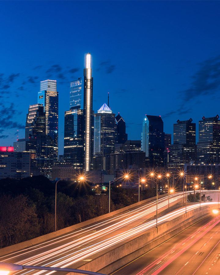 downtown los angeles skyline above the highway