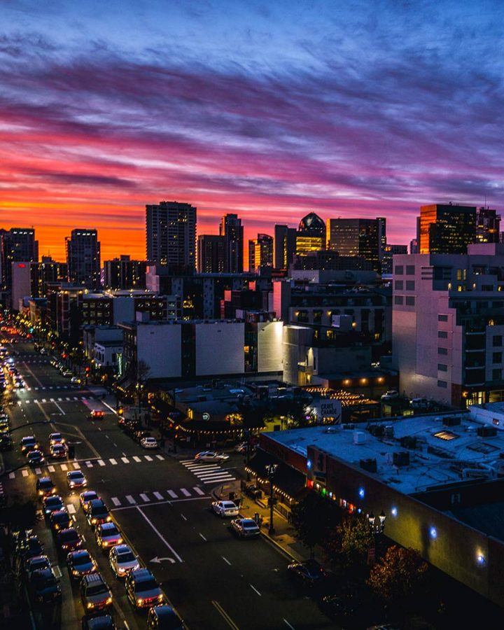 los angeles building skyline during sunset